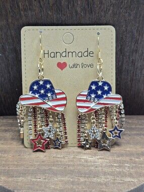 NWT Cowgirl USA Rhinestone Charm Earrings Pierced Patriotic Western Handmade